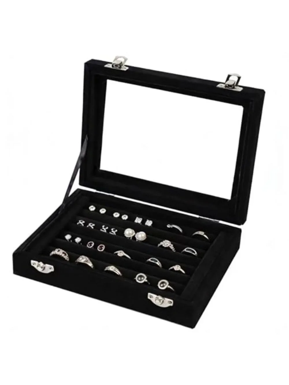 Black Velvet Ring Organizer Tray 7 Slots Transparent Lid Dustproof Jewelry Box